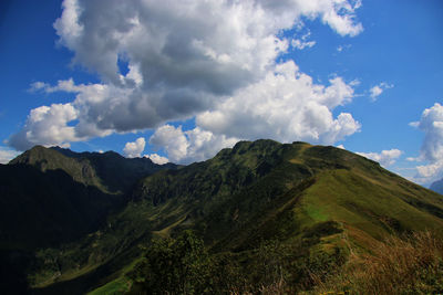 Scenic view of mountains against cloudy sky