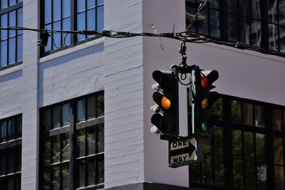 Low angle view of road sign against building