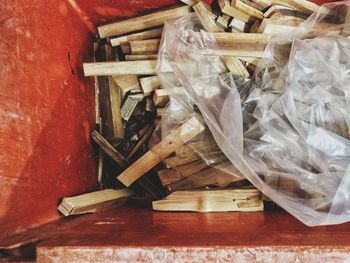 High angle view of firewood on table