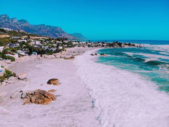 Scenic view of beach against clear blue sky