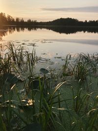 Scenic view of lake against sky during sunset