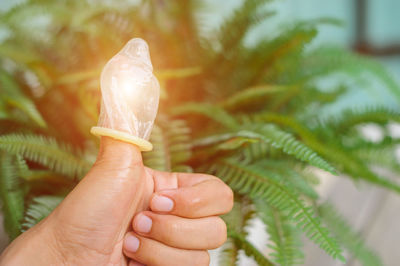 Close-up of hand holding condom