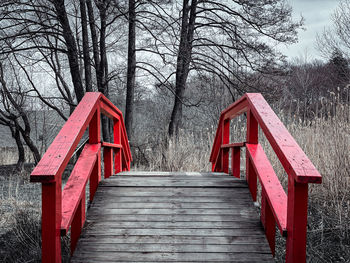Wooden footbridge amidst trees in forest