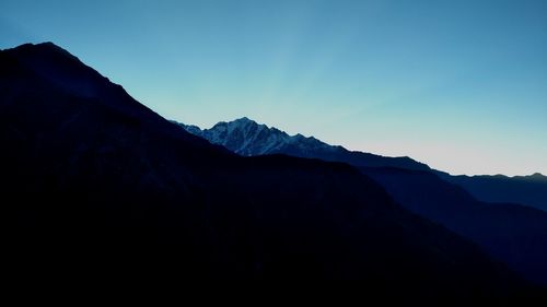 Scenic view of mountains against clear blue sky