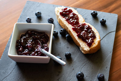 High angle view of breakfast served on table