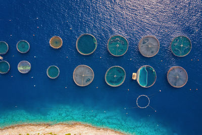 High angle view of fishing nets on sea 