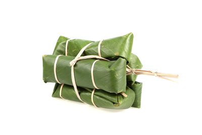 Close-up of green leaves on white background
