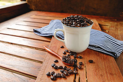 High angle view of coffee beans on table