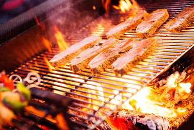 Close-up of meat on barbecue grill