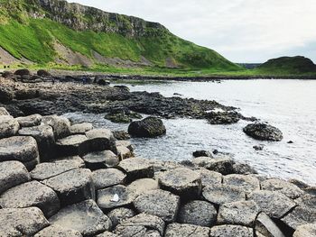 Rocks on shore by sea against sky