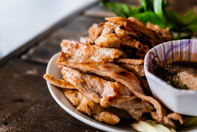 High angle view of food in plate on table