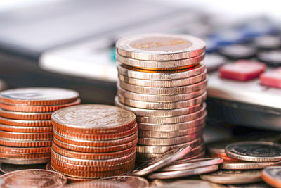 Close-up of coins on table