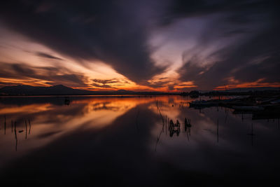 Scenic view of lake against sky during sunset