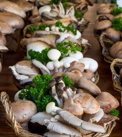 Close-up of mushrooms in baskets