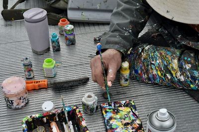 High angle view of people working on table