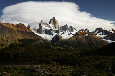 Scenic view of snowcapped mountains against sky