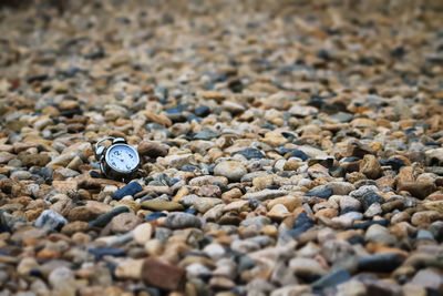Alarm clock on pebbles at beach