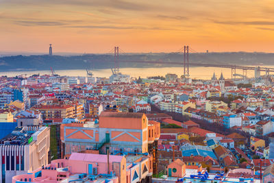 High angle view of buildings in city during sunset