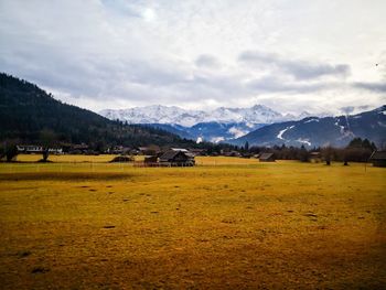 Scenic view of field and houses against sky