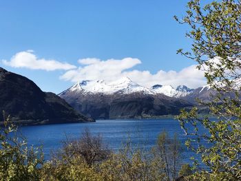 Scenic view of lake and mountains against sky