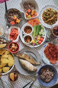 High angle view of breakfast served on table