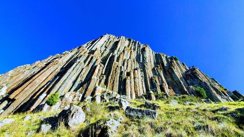 Low angle view of rocks against clear blue sky