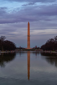 Reflection of building in lake against cloudy sky