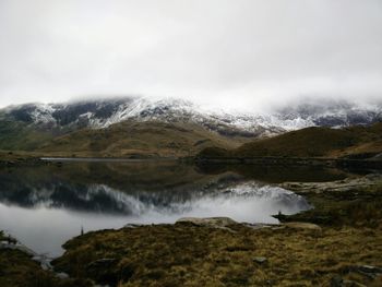 Scenic view of waterfall against sky