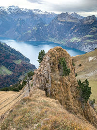 Scenic view of land and mountains against sky