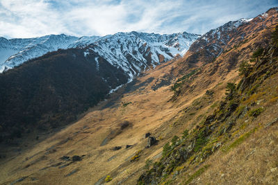 Scenic view of snowcapped mountains against sky