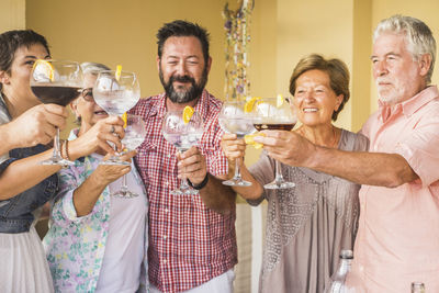 Friends toasting drinks at home