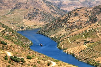 High angle view of boats in river