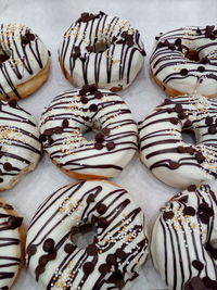 High angle view of donuts