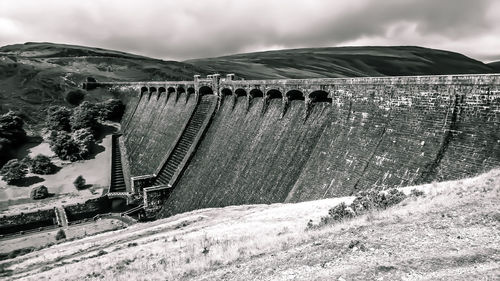 Close-up of dam on mountain against sky