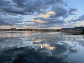 Scenic view of lake against sky during sunset