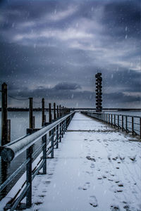 Snow covered railing against sky