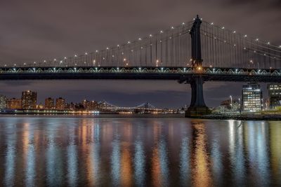 Illuminated manhattan bridge over east river against in city