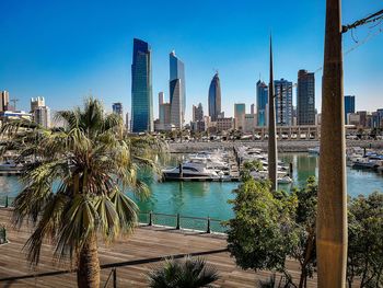 Panoramic view of city buildings against clear sky