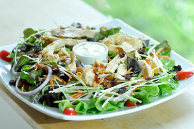 Close-up of meal served in bowl on table