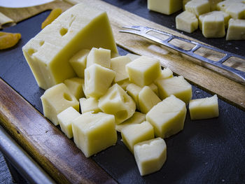 High angle view of chopped vegetables on cutting board