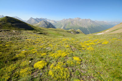 Scenic view of landscape and mountains against sky