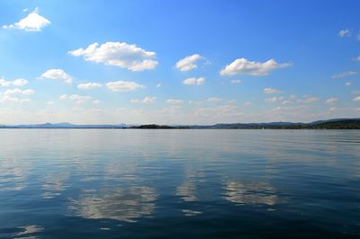 Scenic view of lake against cloudy sky