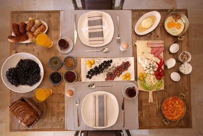 High angle view of breakfast on table