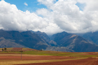 Scenic view of field and mountains against sky