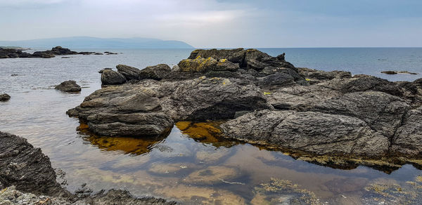 Rocks on beach against sky