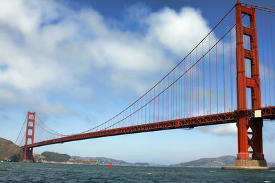 View of suspension bridge against cloudy sky