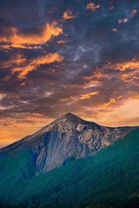 Scenic view of snowcapped mountains against sky during sunset