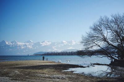 Scenic view of sea against clear blue sky