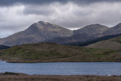 Scenic view of lake and mountains against sky