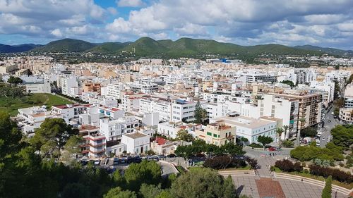 High angle shot of townscape against sky